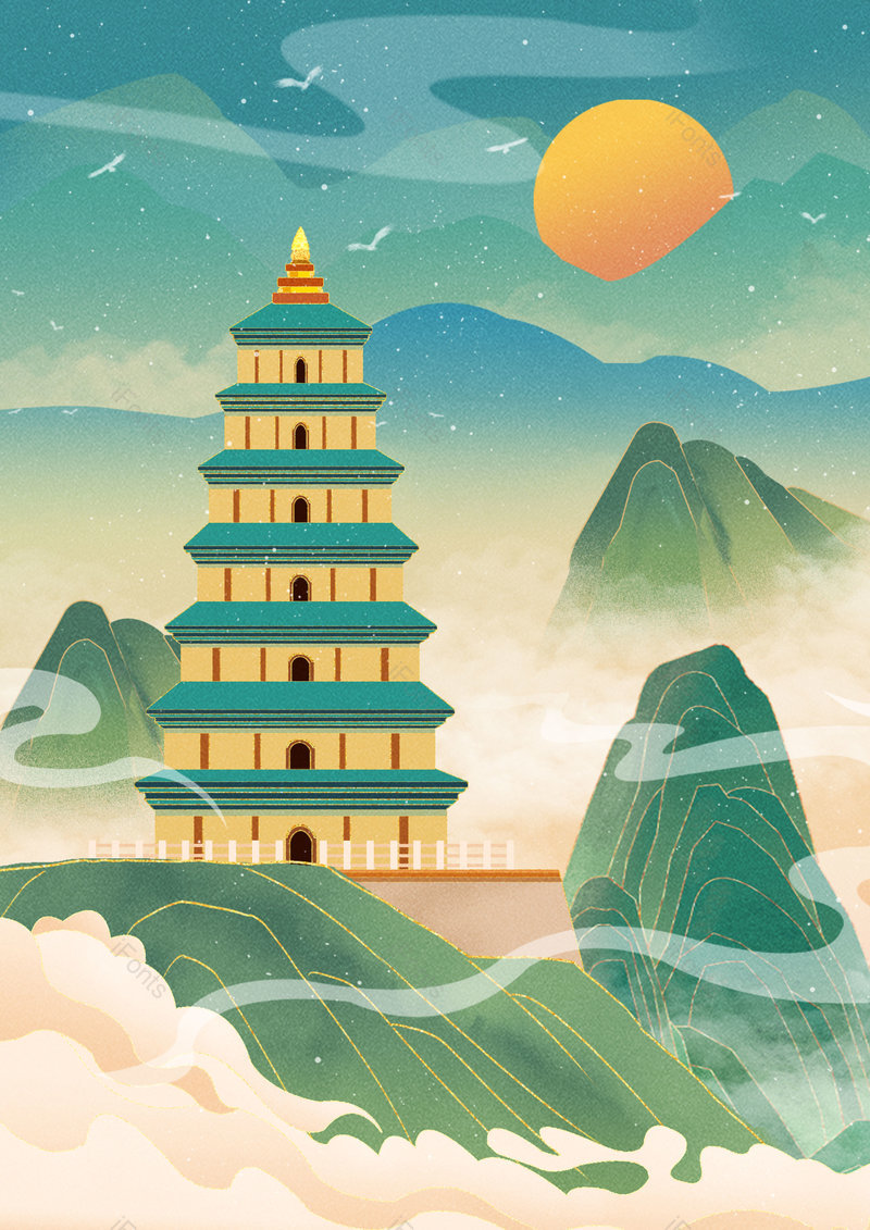 中国风国潮手绘建筑景点背景设计,插画/手绘图,插画/手绘图库,插画/手绘图下载,插画/手绘